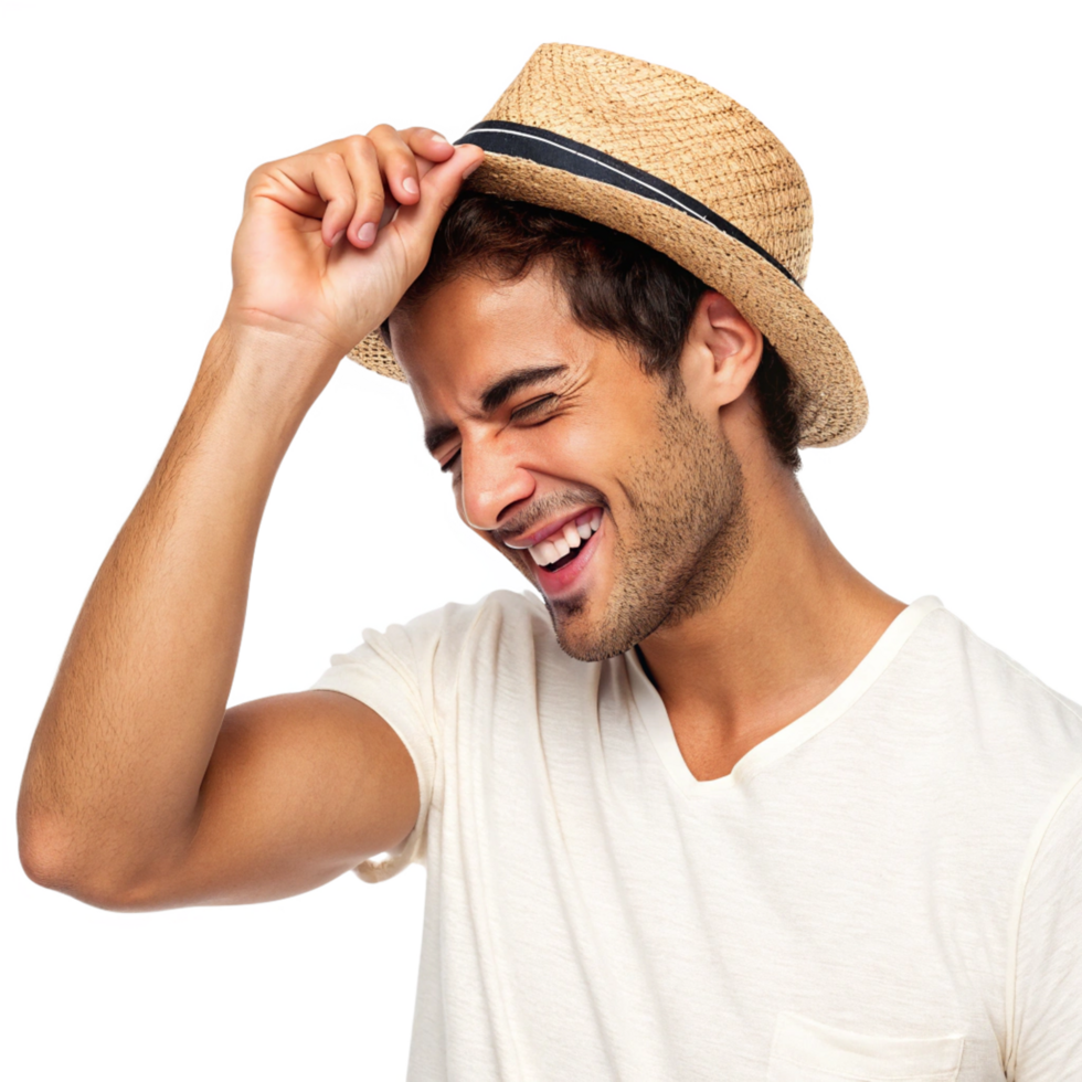 Young man adjusting straw hat outdoor setting lifestyle portrait vibrant environment close-up view positive vibes png