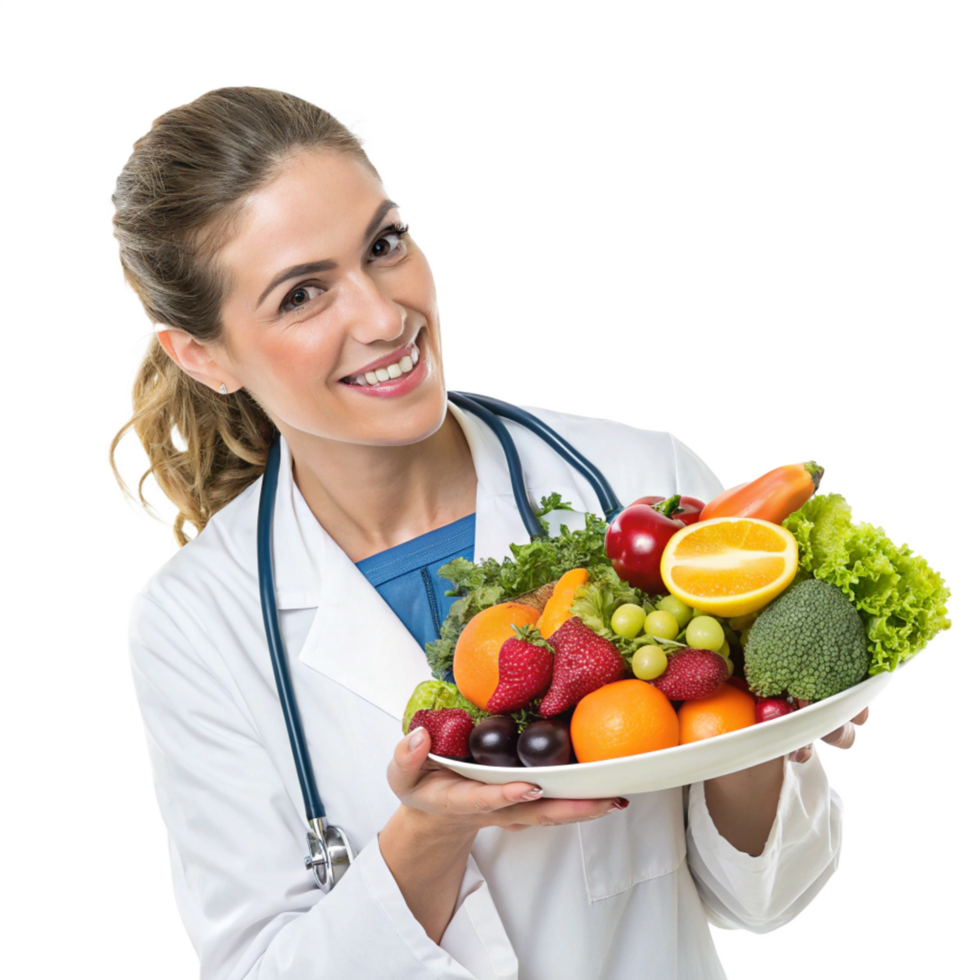 Nutritionist holding a plate of fresh fruits and vegetables health clinic portrait bright environment professional concept png