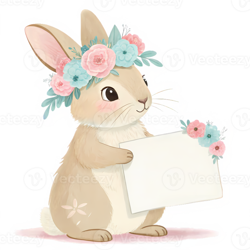 A cute bunny holding a sign with flowers png