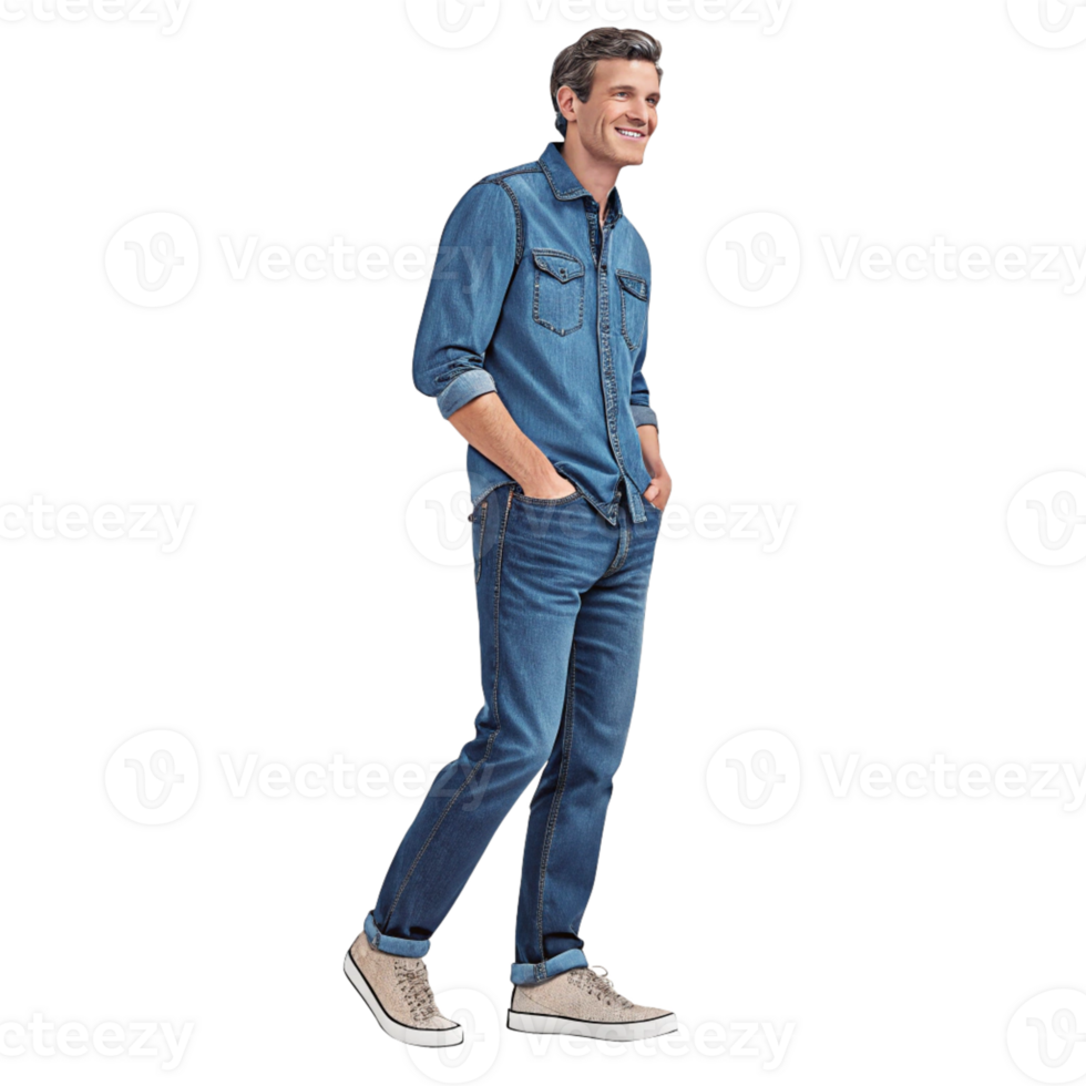 Smiling man posing in denim outfit png