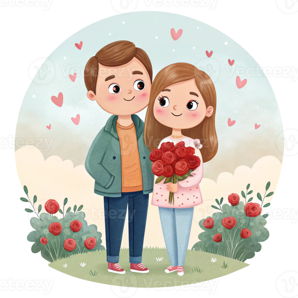Cute couple with flowers illustration png