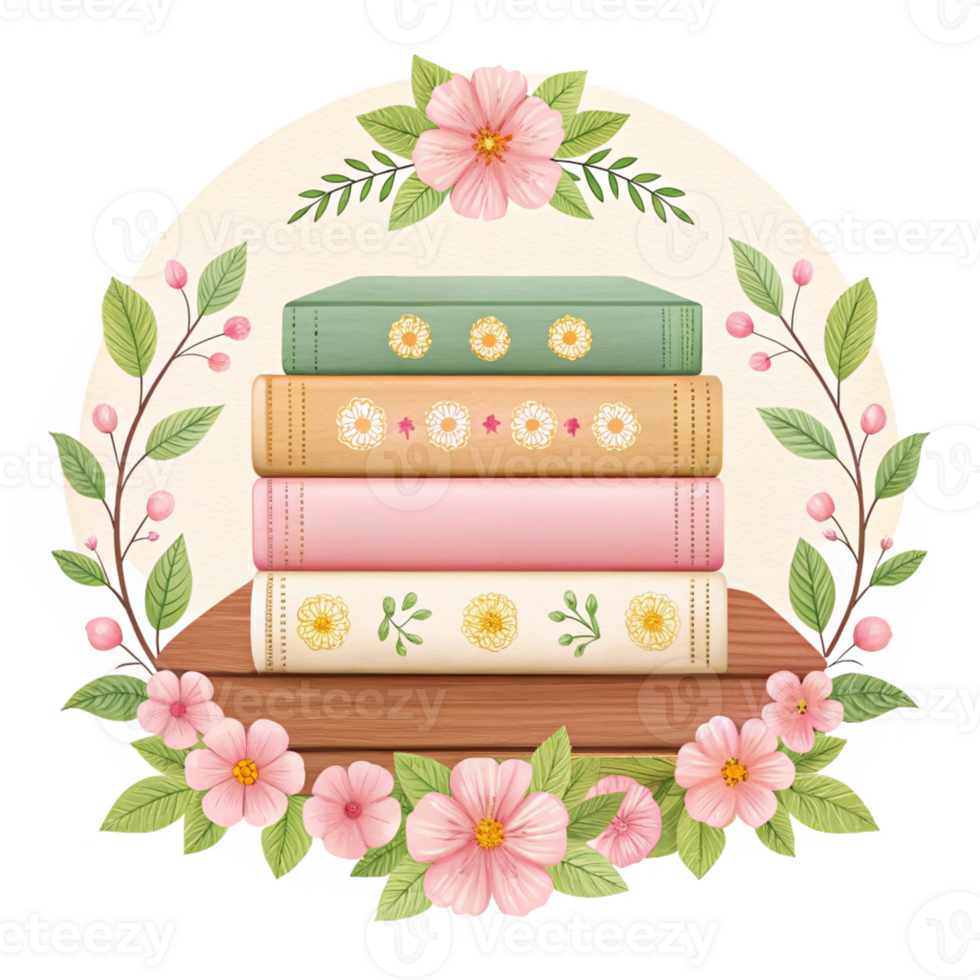 Stack of Books with Floral Frame png