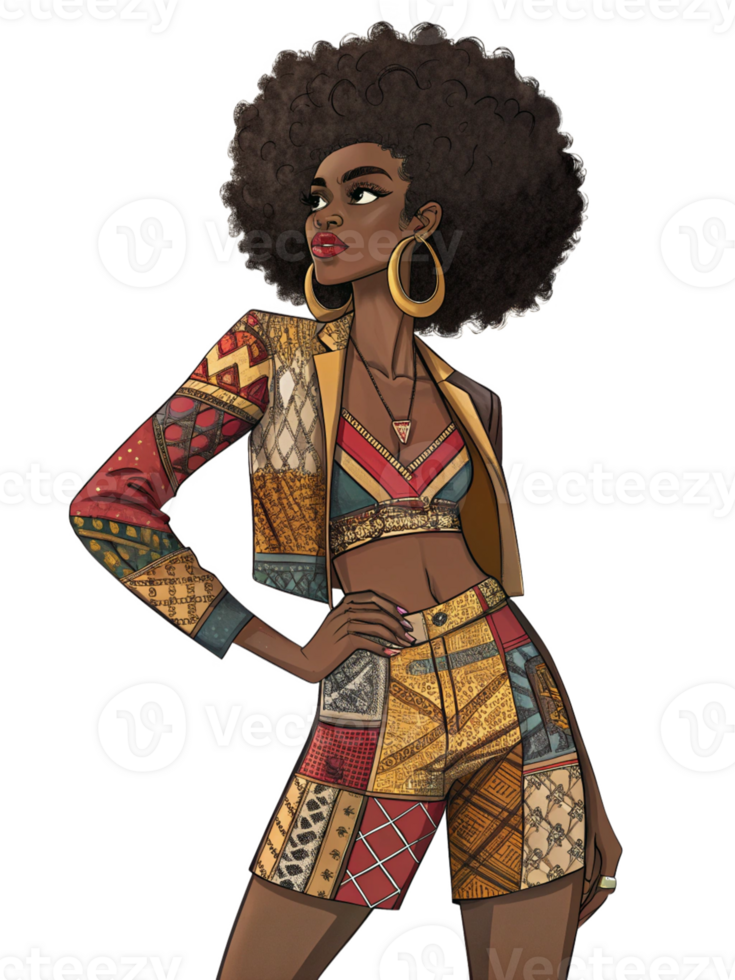 Stylish Afro Woman in Patchwork Outfit png
