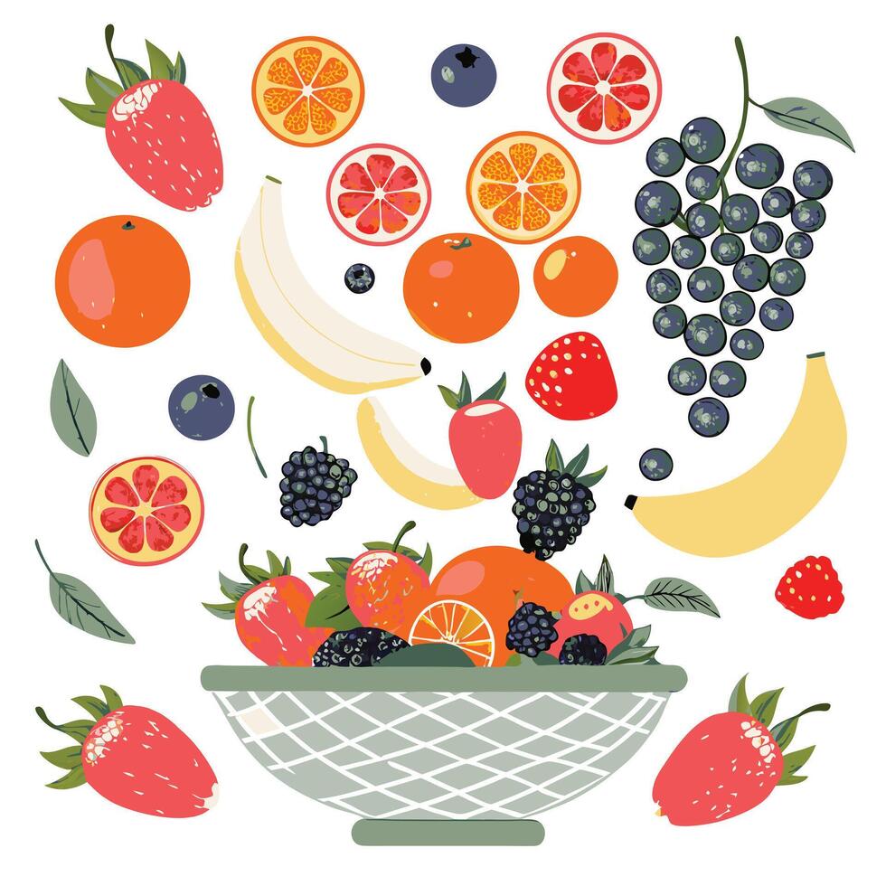 A delightful collection of fresh fruits including strawberries bananas oranges grapes and berries vector