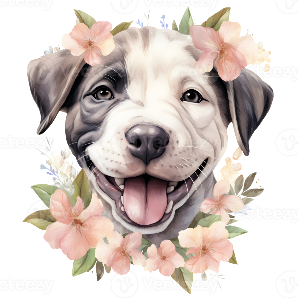 Cute Dog With Flowers Watercolor Illustration On Transparent Background png