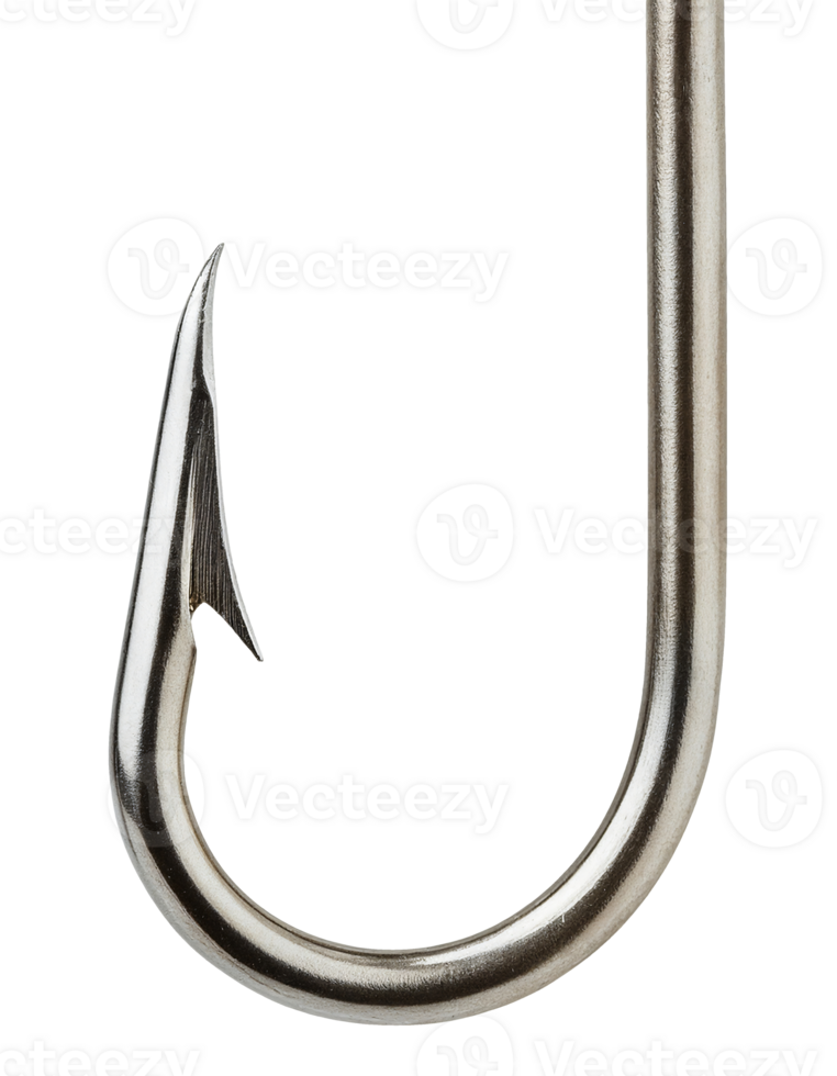 sharp curved metal fish hook with shiny steel surface and barb point, high detail fishing gear on isolated background png