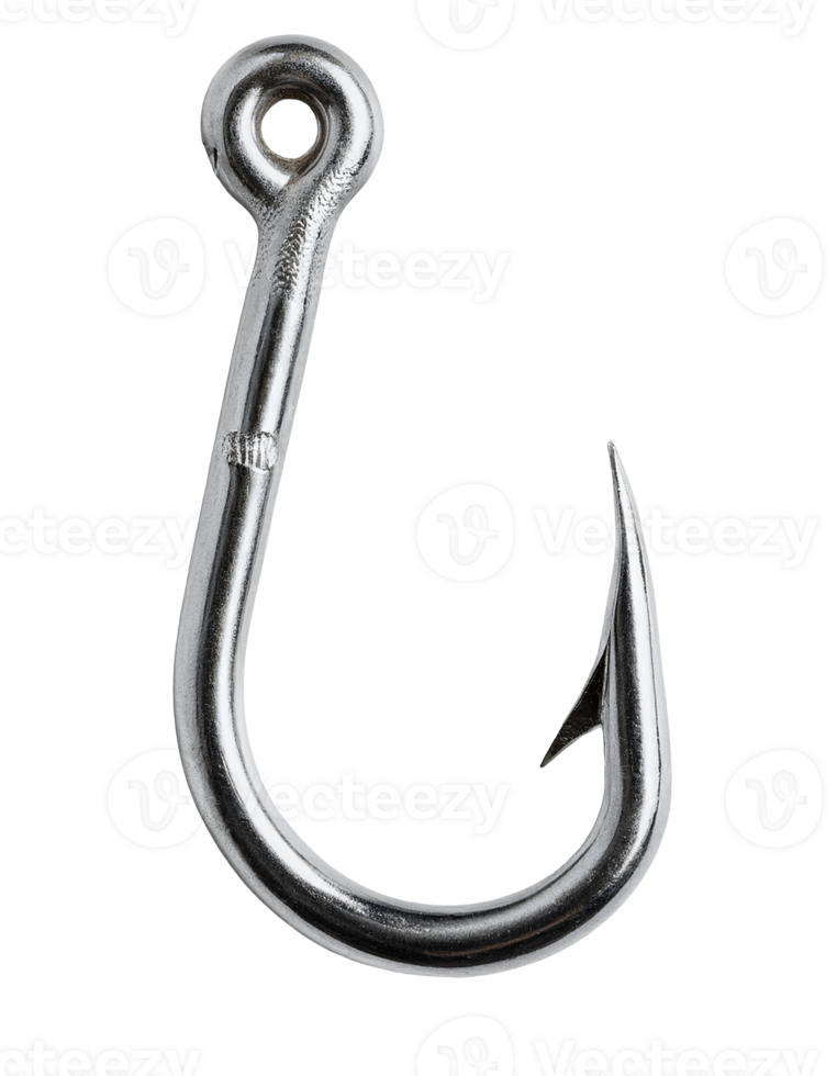 metal fishing hook with closed eyelet and sharp barb tip, shiny silver tackle tool with realistic details on isolated background png