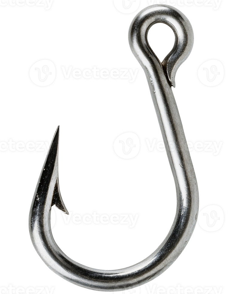 close-up top view of a single sharp shiny metal fish hook with curved barb and ring eye on isolated background png