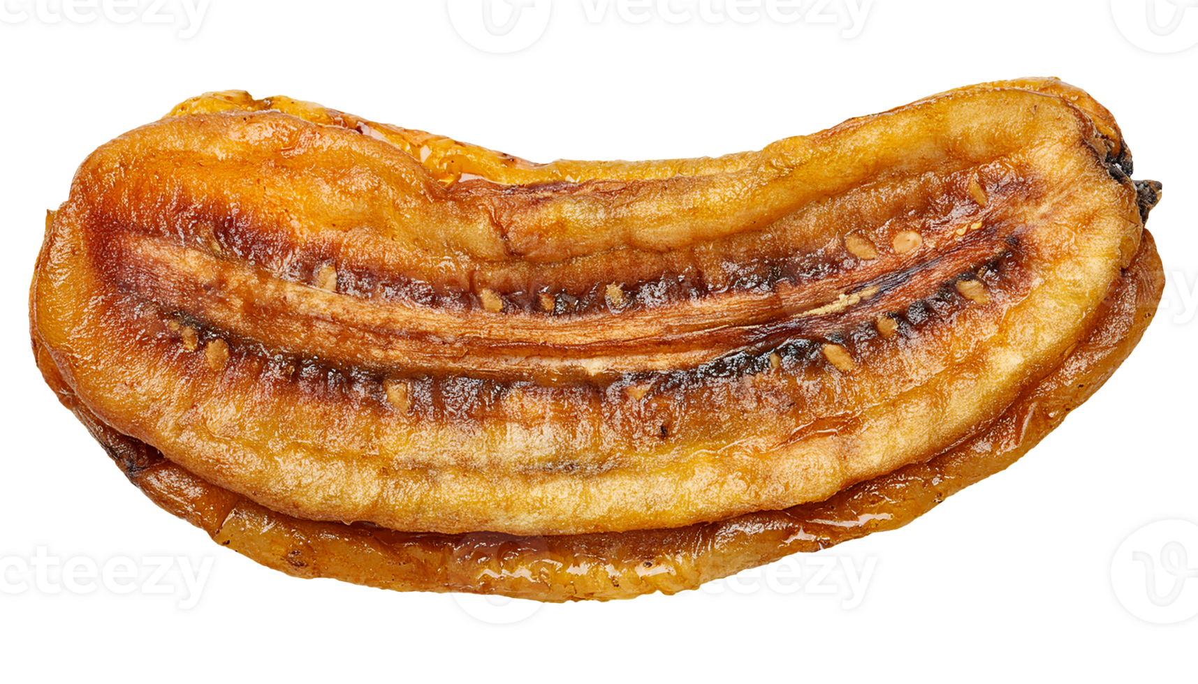 ultra detailed close-up top view of a thick chewy dried banana piece with rich caramelized texture and natural curves on isolated background png
