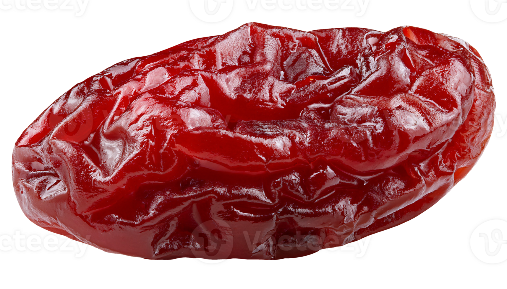 single red dried cherry with wrinkled glossy texture and rich surface detail, high resolution preserved fruit on isolated background png