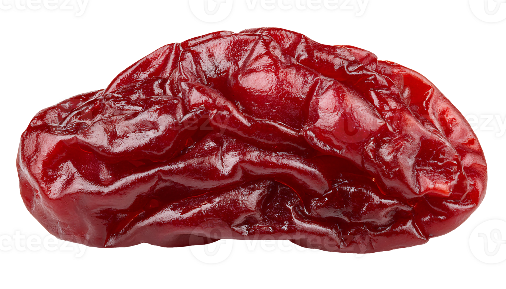 wrinkled red dried cherry with glossy surface and preserved fruit texture, close-up of sweet snack on isolated background png
