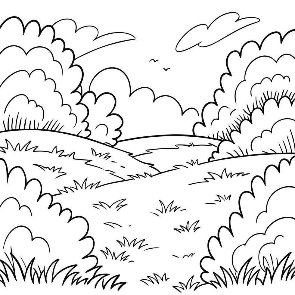 A Peaceful Black and White Drawing of a Serene Landscape with Rolling Hills and Lush Grass vector