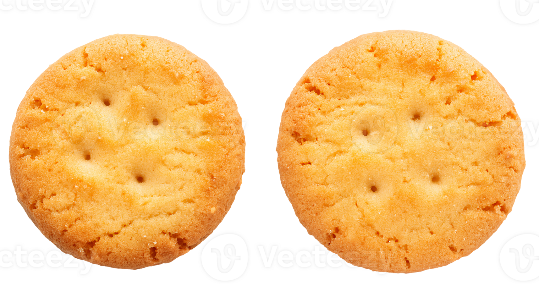 two round butter cookies with golden crispy texture, close-up top view of crunchy biscuit snacks, classic baked sweet treat on isolated background png