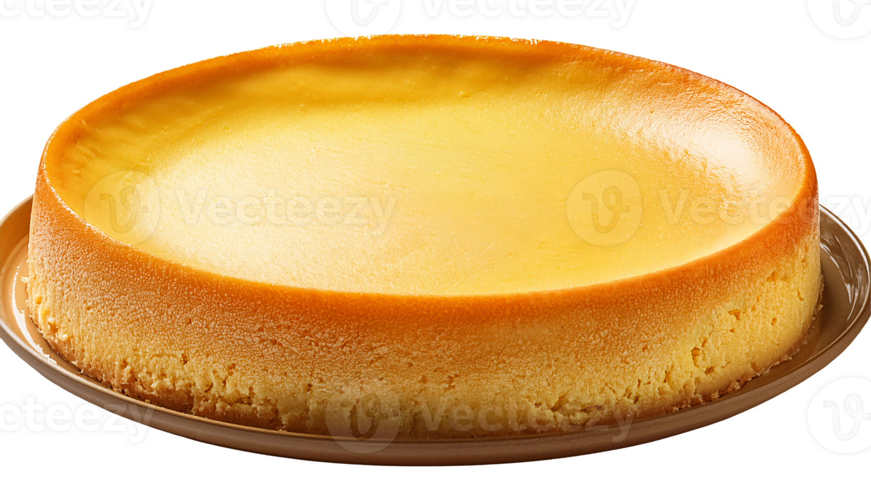 whole round classic cheesecake with golden brown edge and creamy smooth surface on plate for dessert menu or bakery packaging on isolated background png