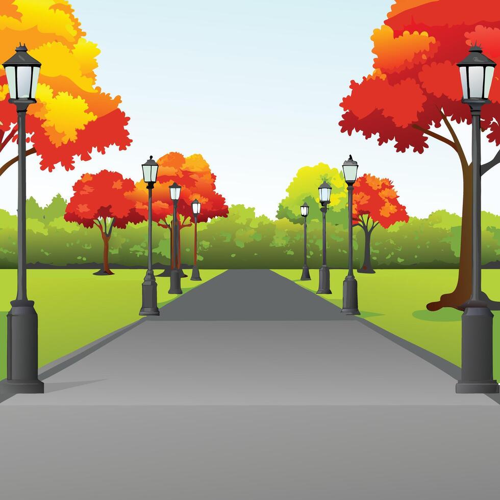 Autumnal Park Pathway with Lampposts and Colorful Trees vector