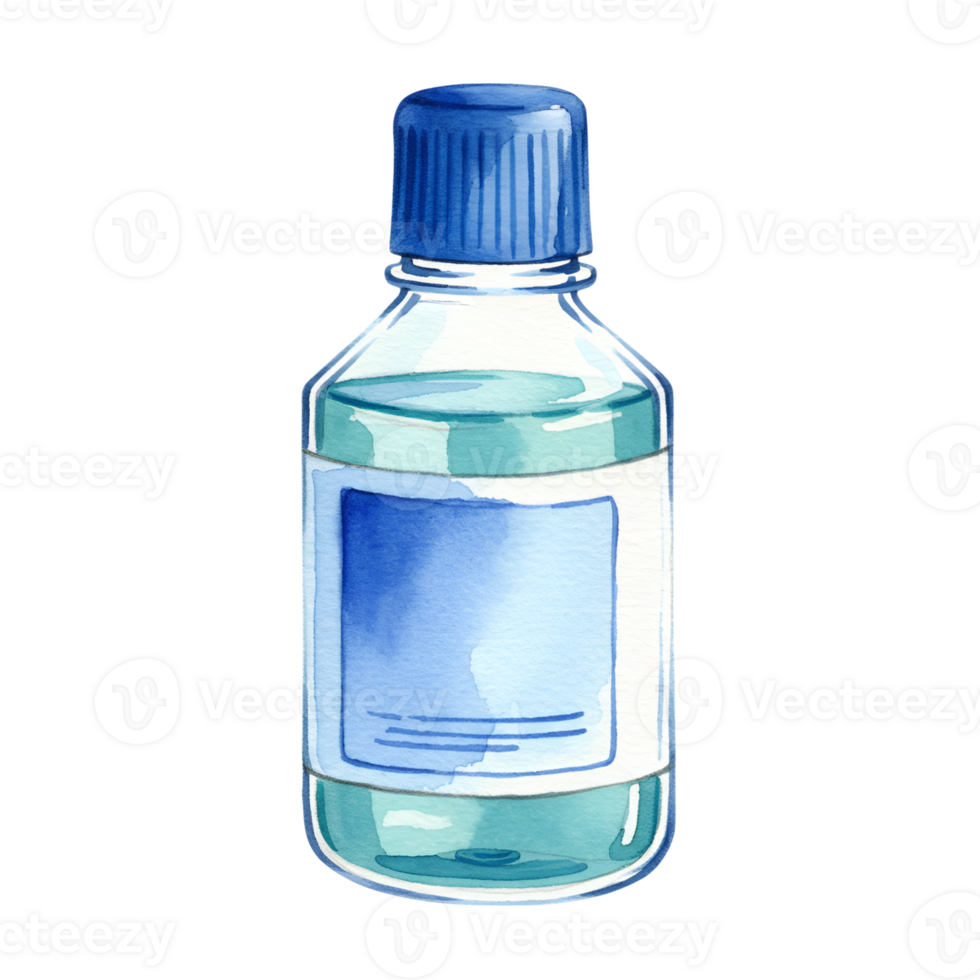 Watercolor Illustration of a Blue Liquid Bottle with Blank Label png