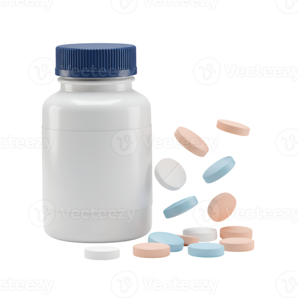 White Pill Bottle with Assorted Pills Spilling Out png