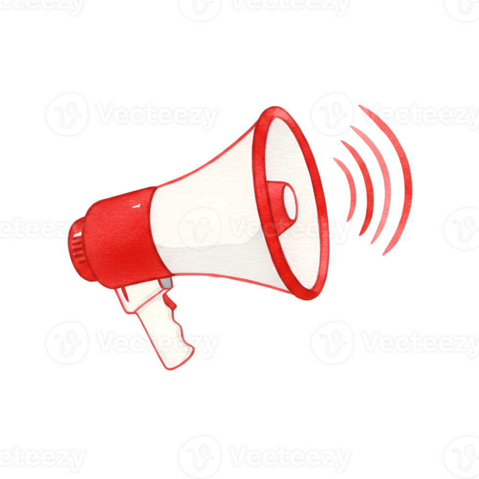 Watercolor Illustration of a Red and White Megaphone Announcing Important News png