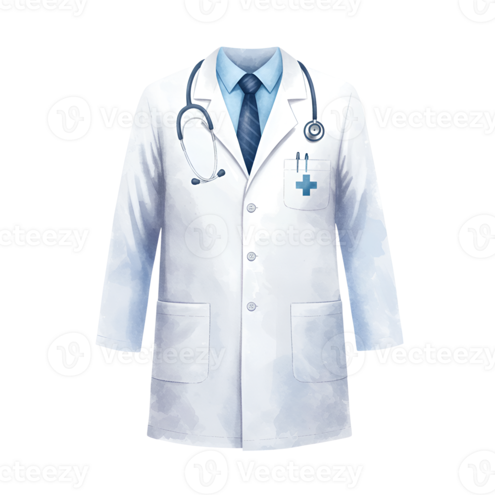Watercolor Illustration of a Doctors Lab Coat with Stethoscope and Medical Cross png