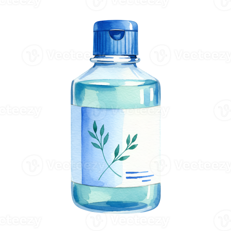 Watercolor Illustration of a Blue Plastic Bottle with Herbal Label png