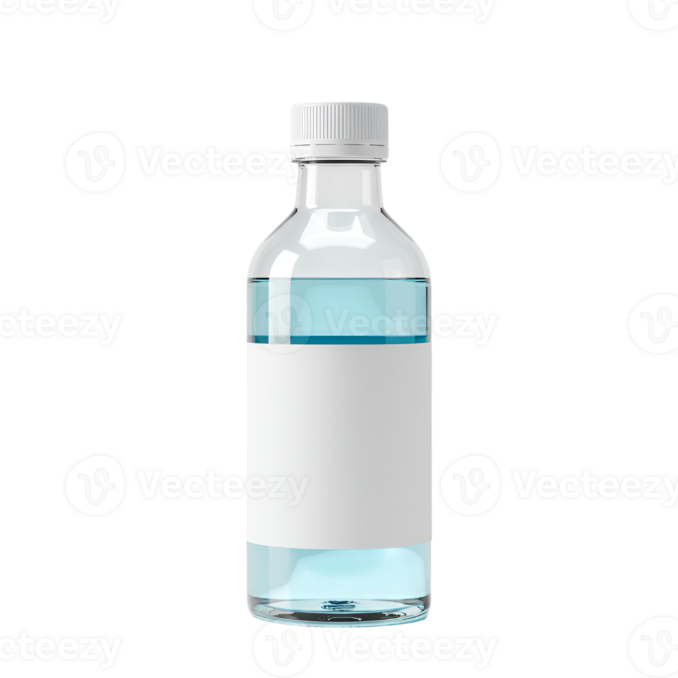 Clear Glass Bottle with Light Blue Liquid and Blank White Label png