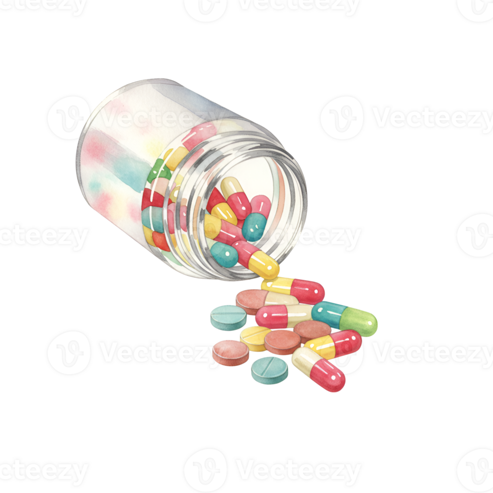 Colorful Capsules and Tablets Spilling from a Glass Jar Watercolor Illustration png