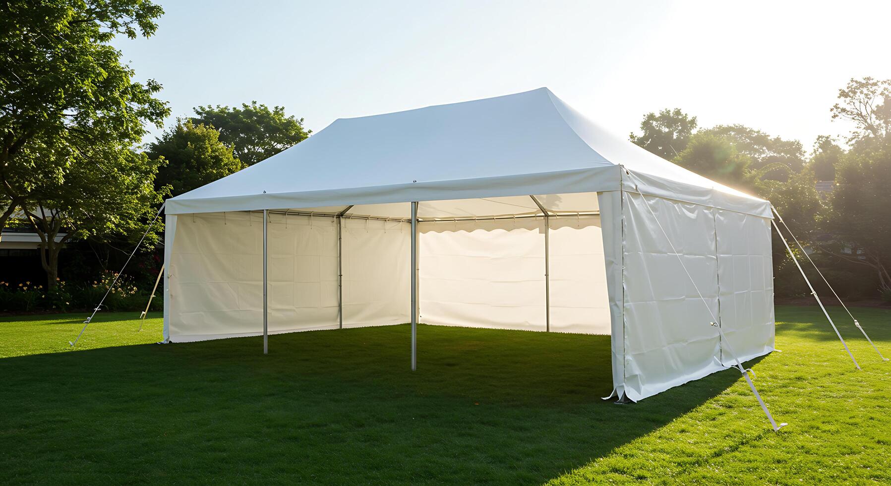 A tent with a white canopy on a grassy field photo