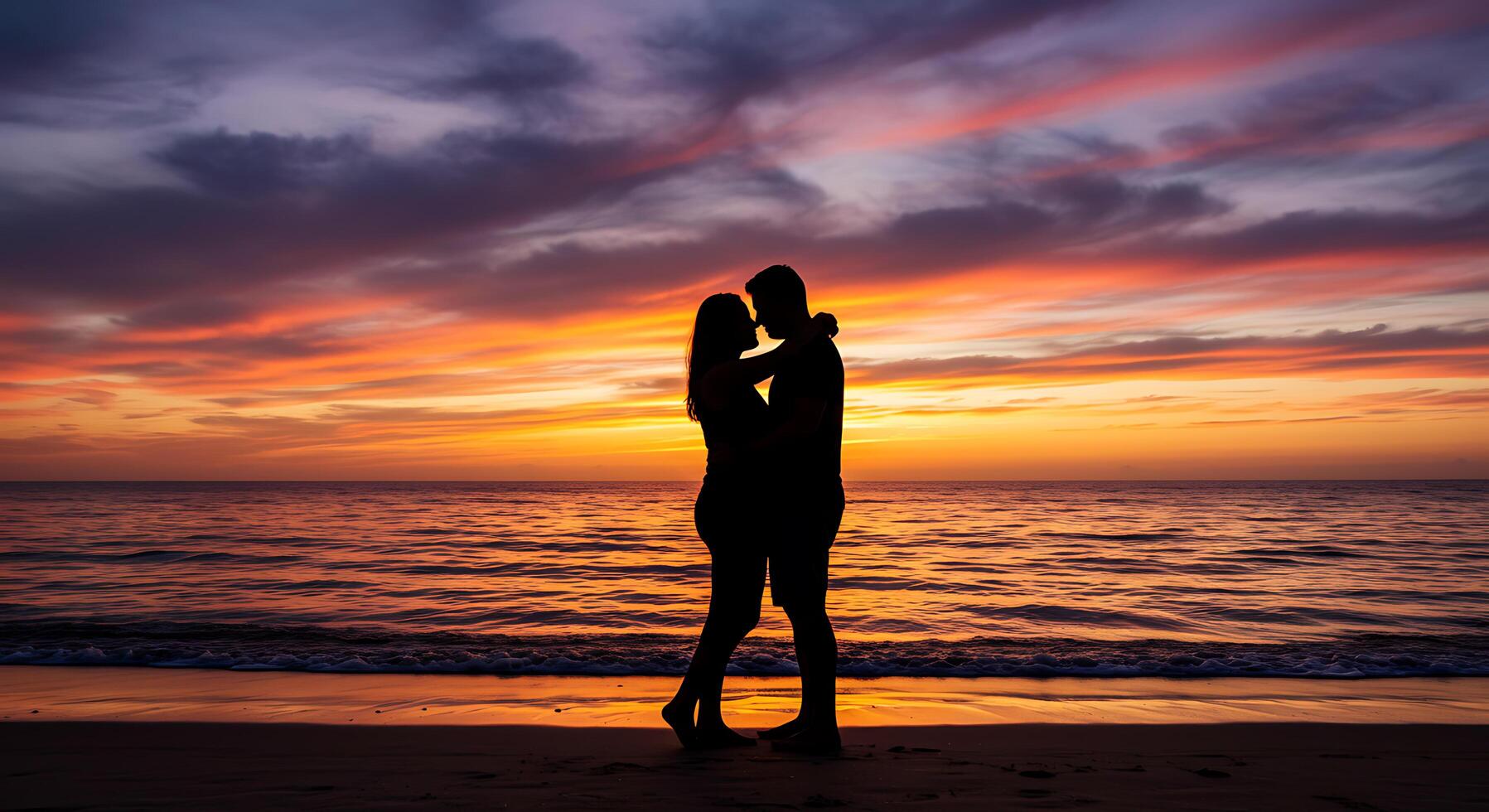 Silhouette Couple Embracing at Sunset Beach Romantic Coastal Scene photo