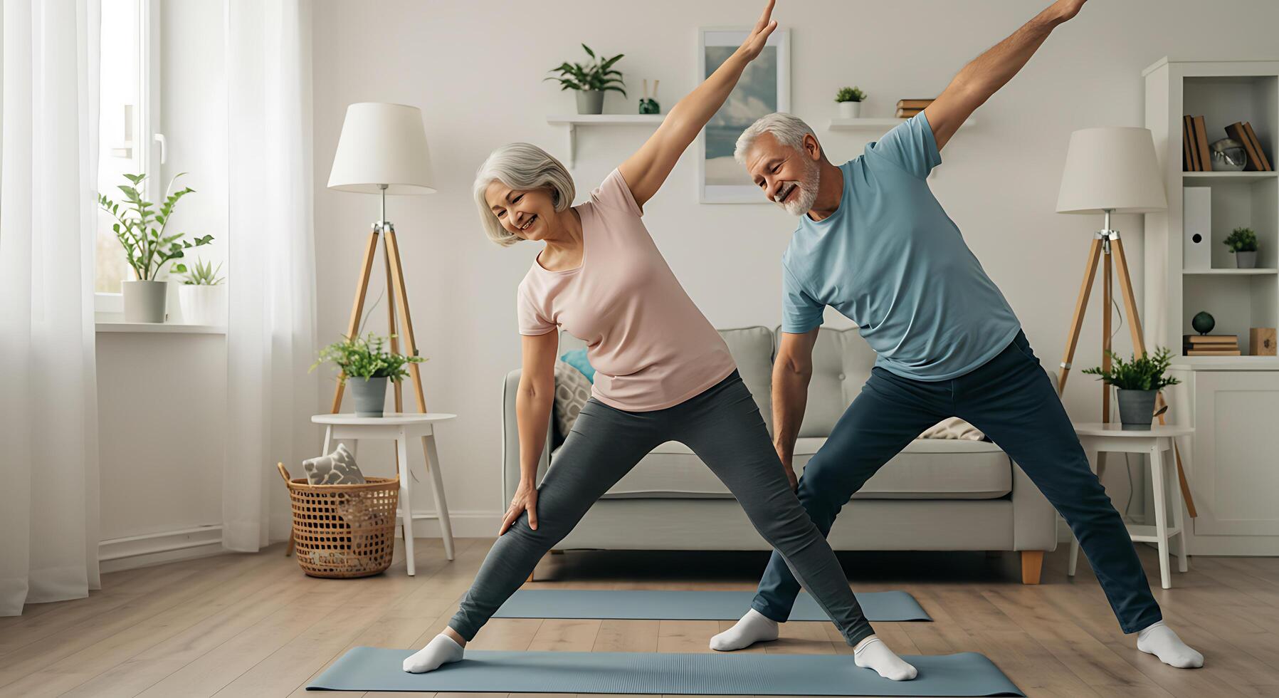 An older couple doing yoga in a living room photo