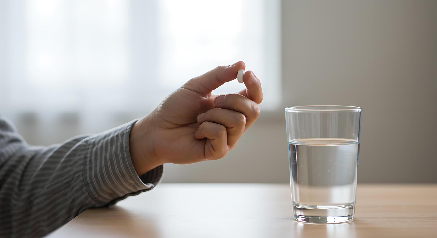 A person holding a pill in front of a glass of water photo