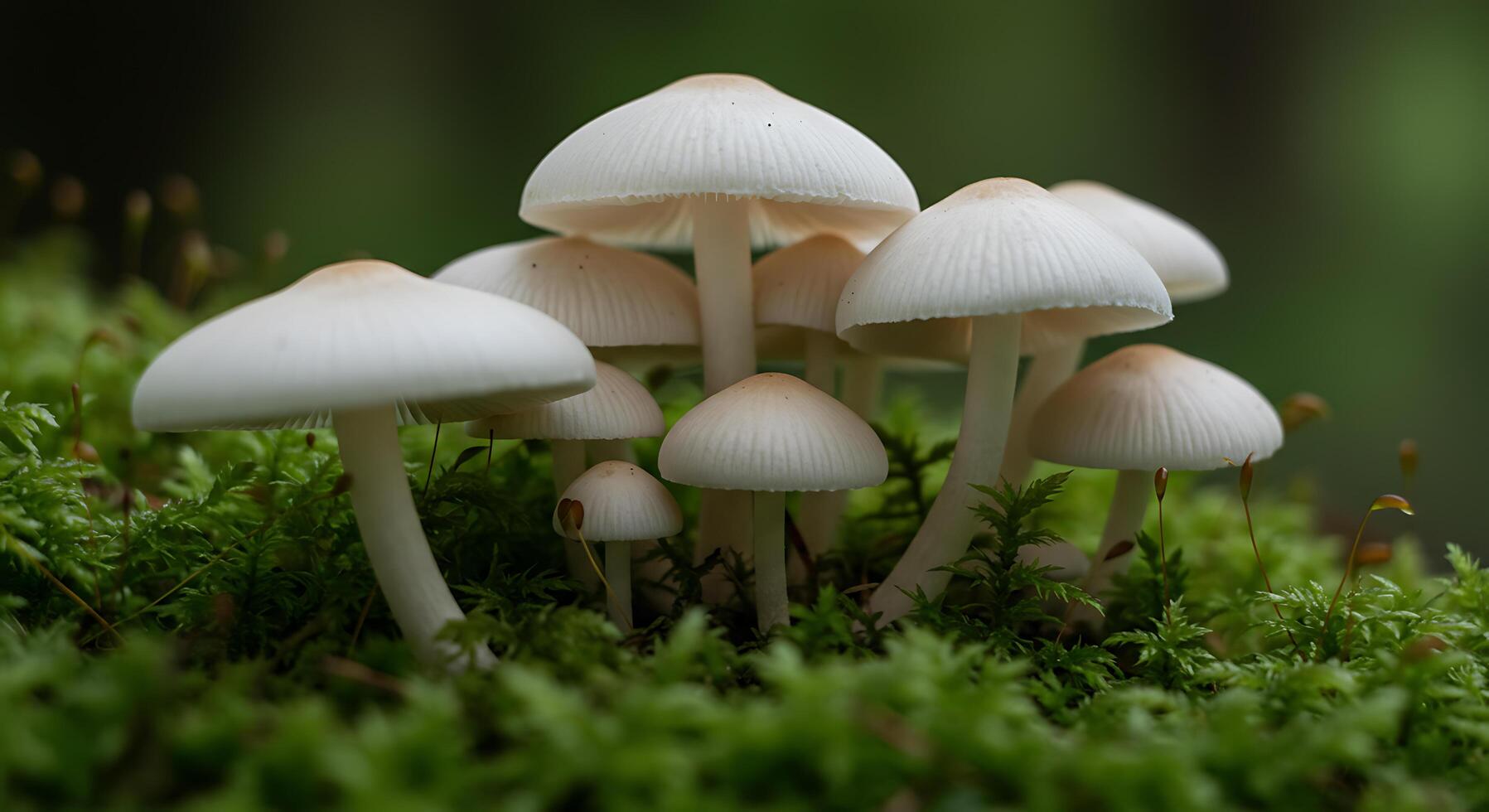 Delicate White Mushrooms Cluster A Serene Forest Scene photo