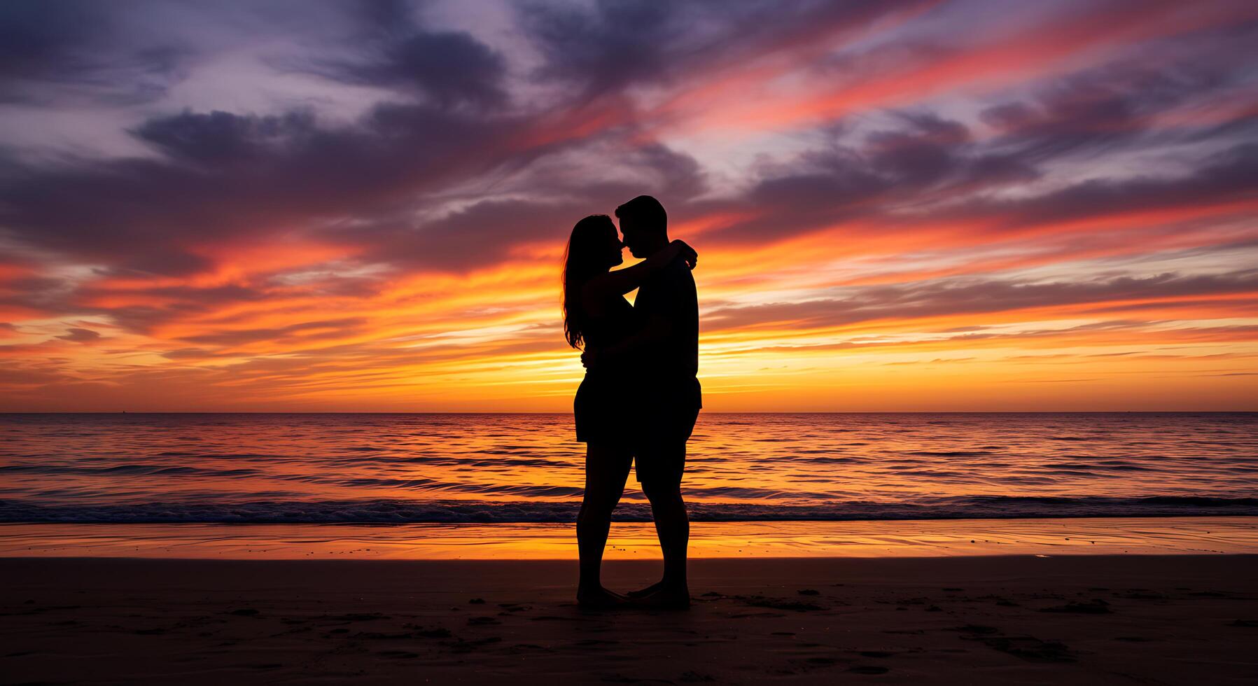 Silhouette Couple Embracing at Sunset Beach Romantic Seascape photo