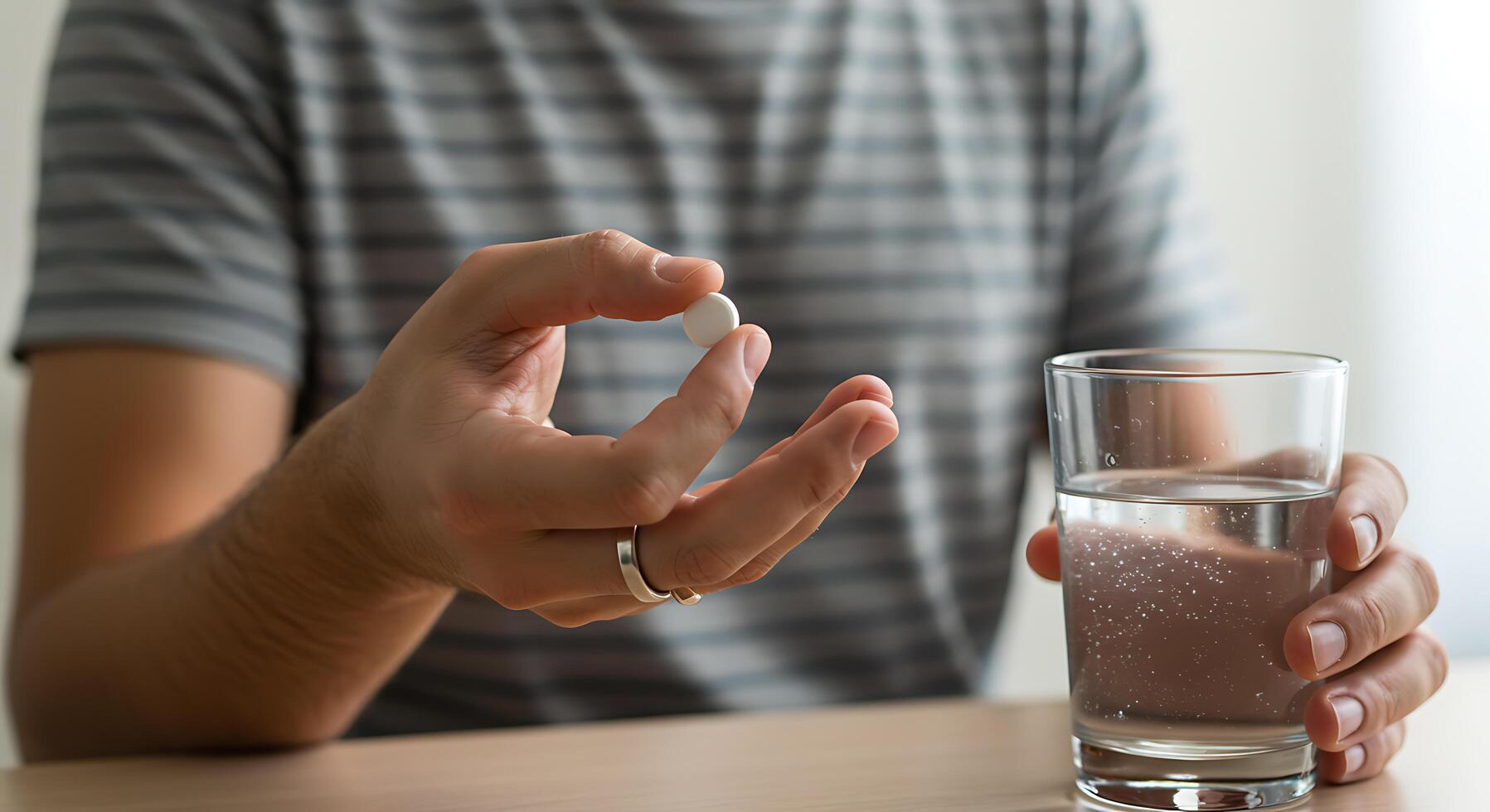 A man holding a pill in front of a glass of water photo