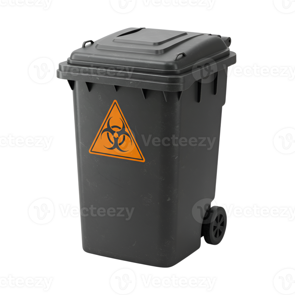 Biohazard Waste Bin 3D Render of a Grey Wheeled Waste Container with Biohazard Symbol png