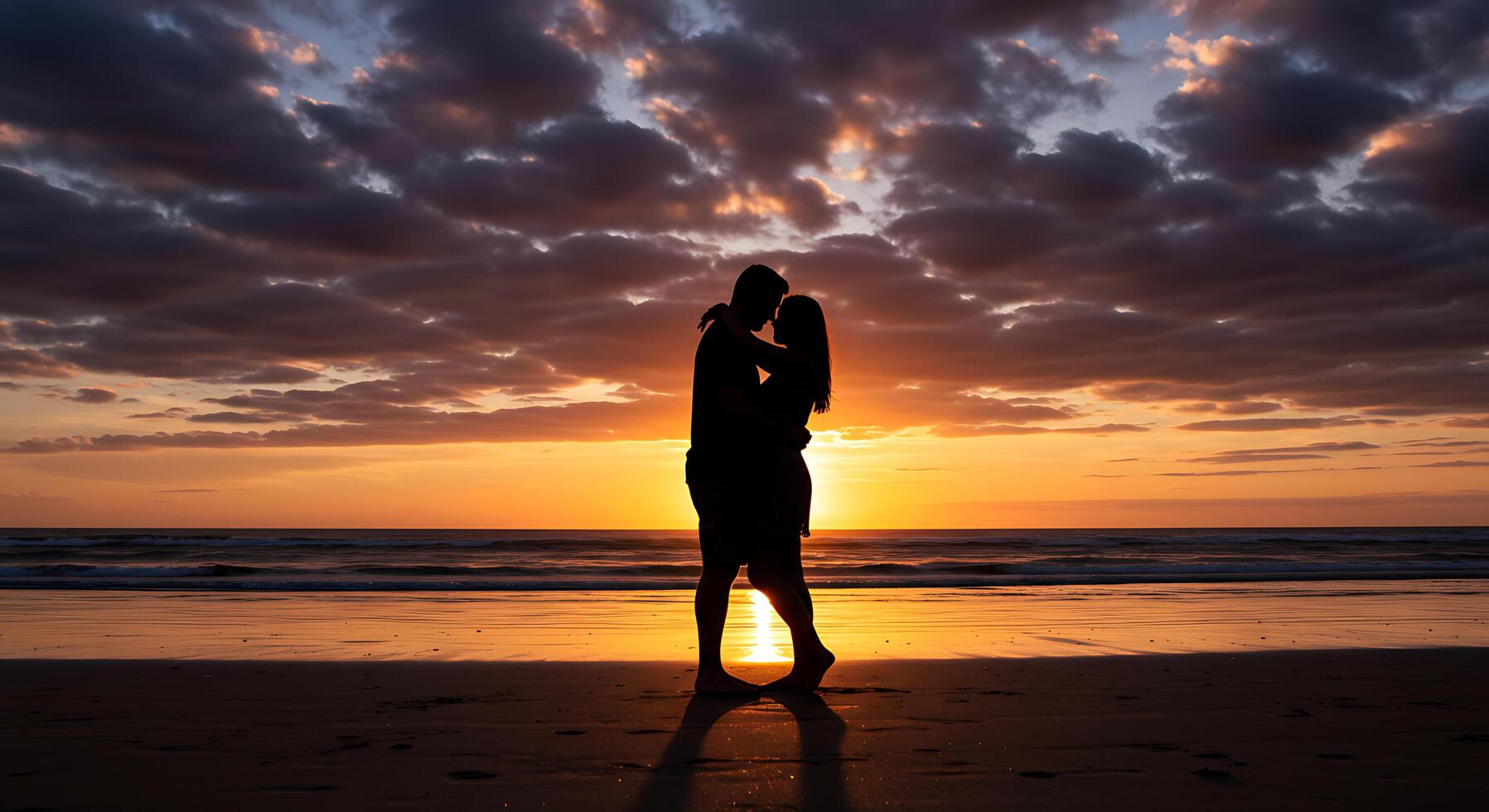 Silhouetted Couple Embracing at Sunset Beach Romantic Golden Hour Photography photo