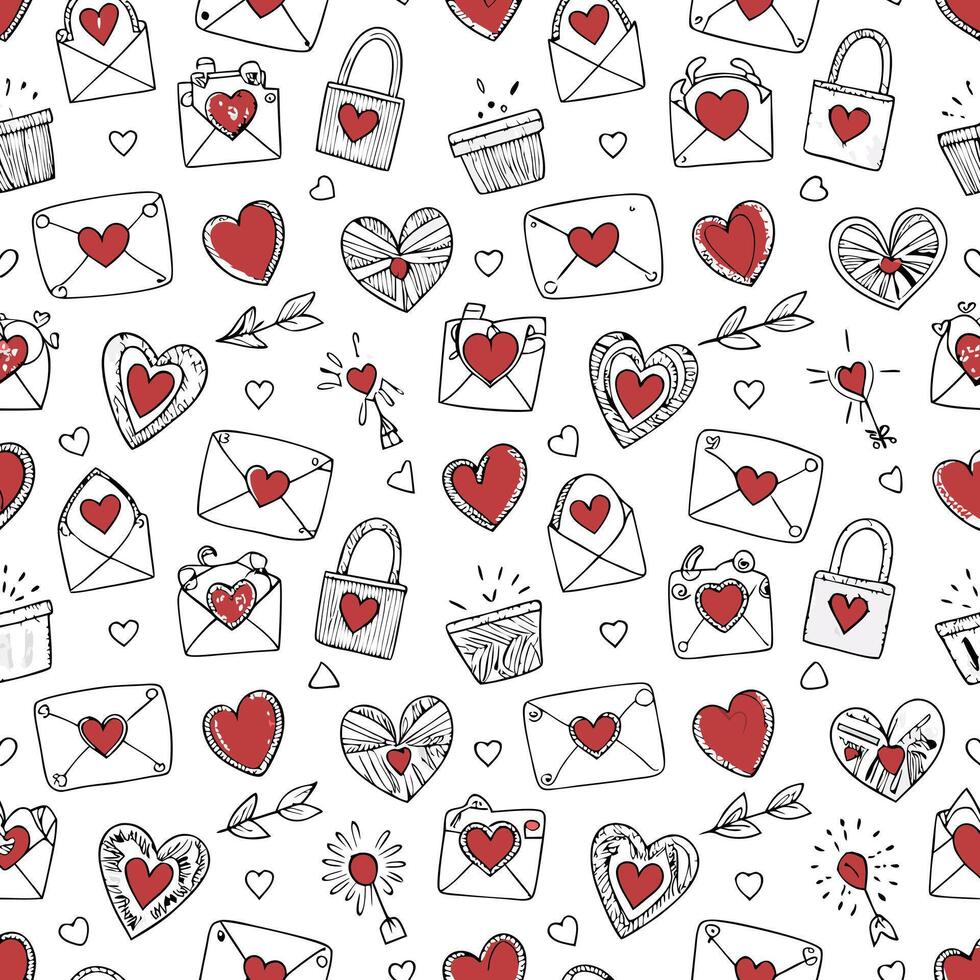 Lovely hand drawn seamless pattern with hearts and love letters for Valentine's Day design vector