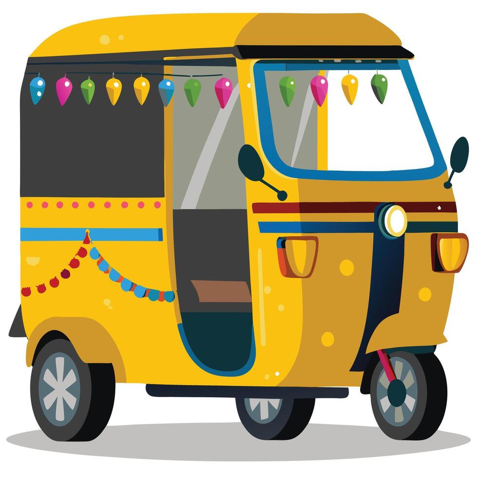 A Vibrant Yellow Auto Rickshaw Decorated for a Festive Occasion in India vector