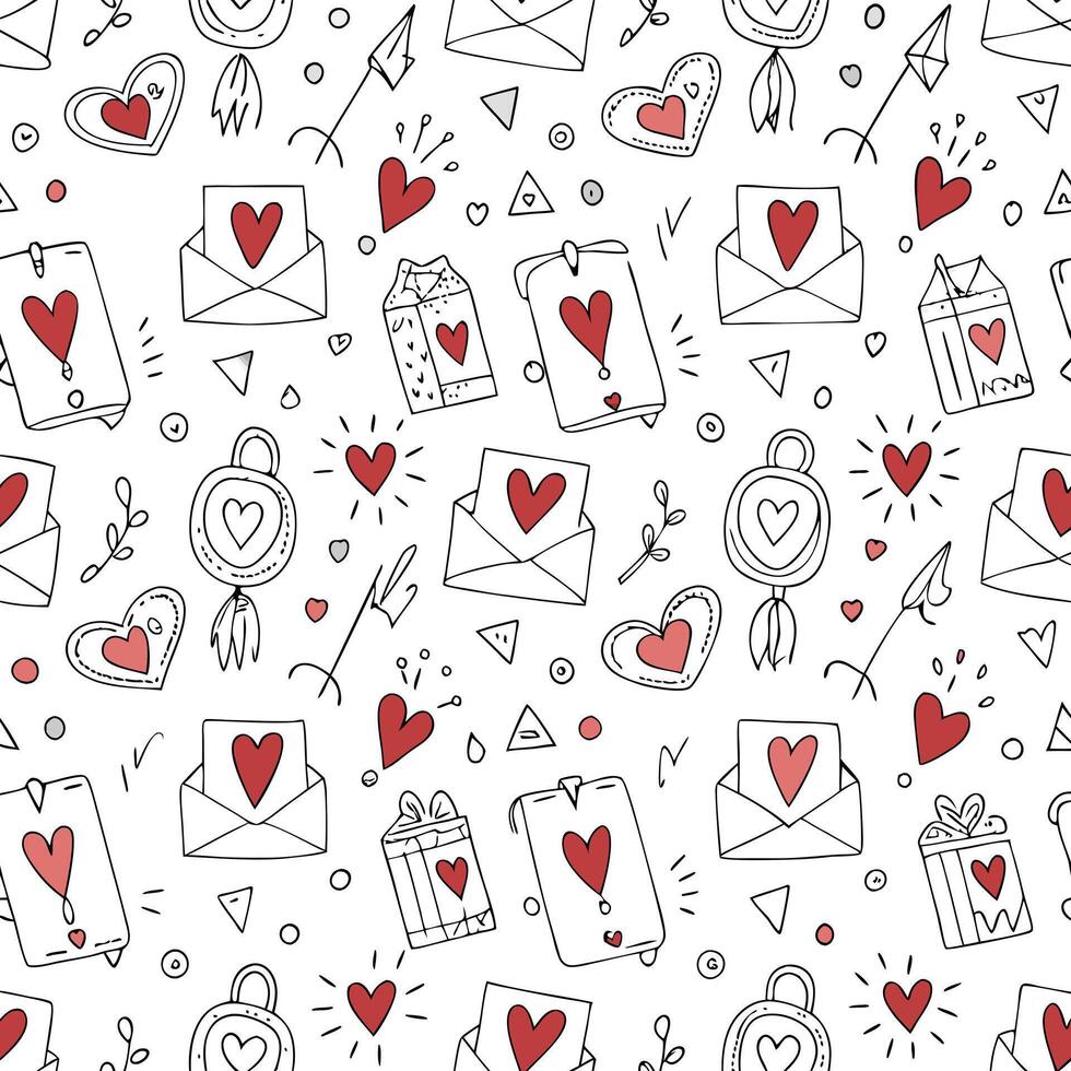 Lovely Seamless Pattern with Hand Drawn Hearts Envelopes and Love Letters for Valentines Day vector