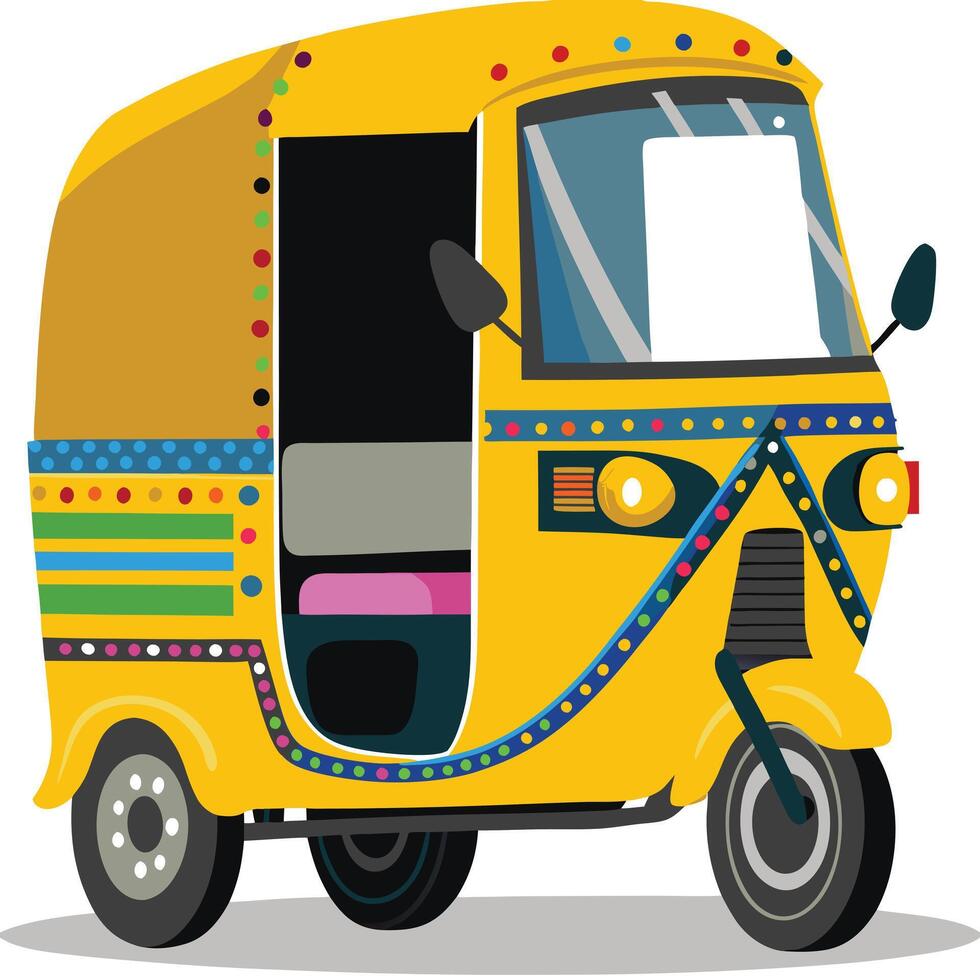 Vibrant Yellow Auto Rickshaw Decorated with Colorful Lights and Stripes vector