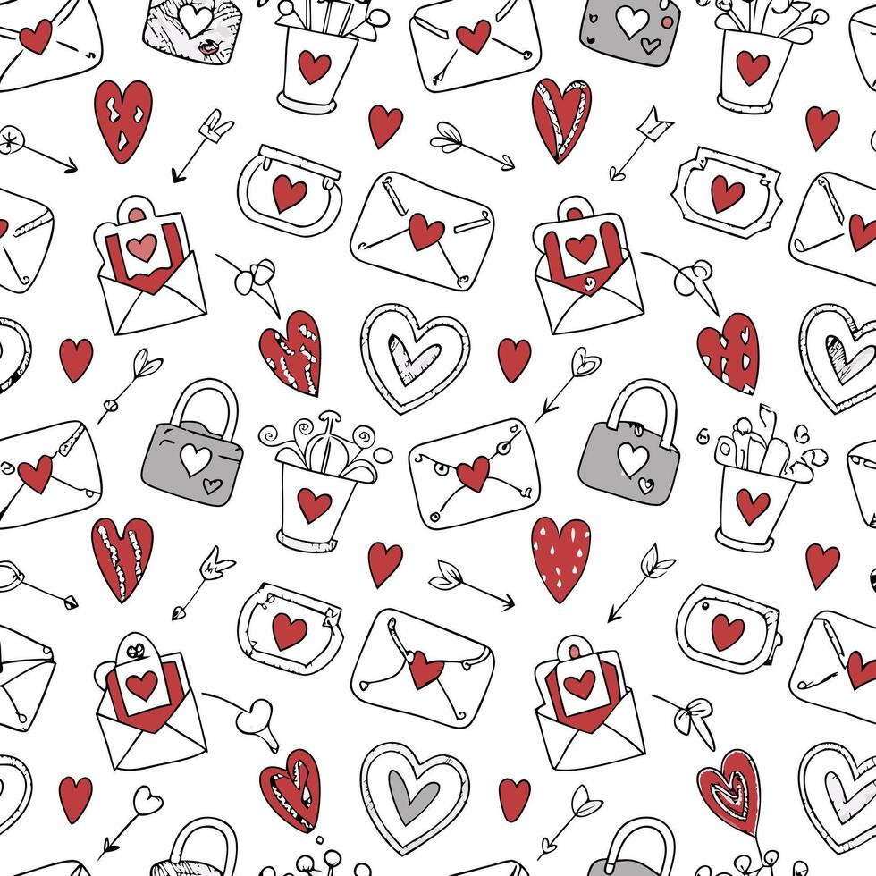 Lovely Valentine's Day Pattern with Hearts Envelopes Bags and Arrows vector