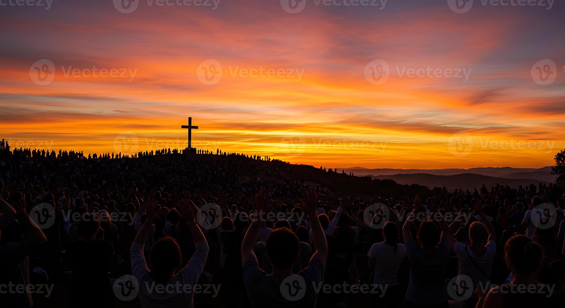 Sunrise Congregation A Silhouetted Cross and Worshippers at Dawn photo