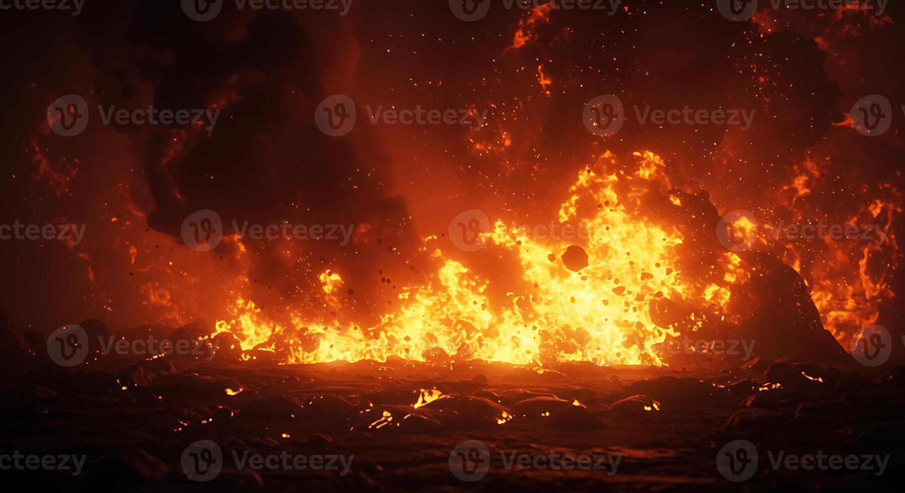 A large fire is burning in the dark photo