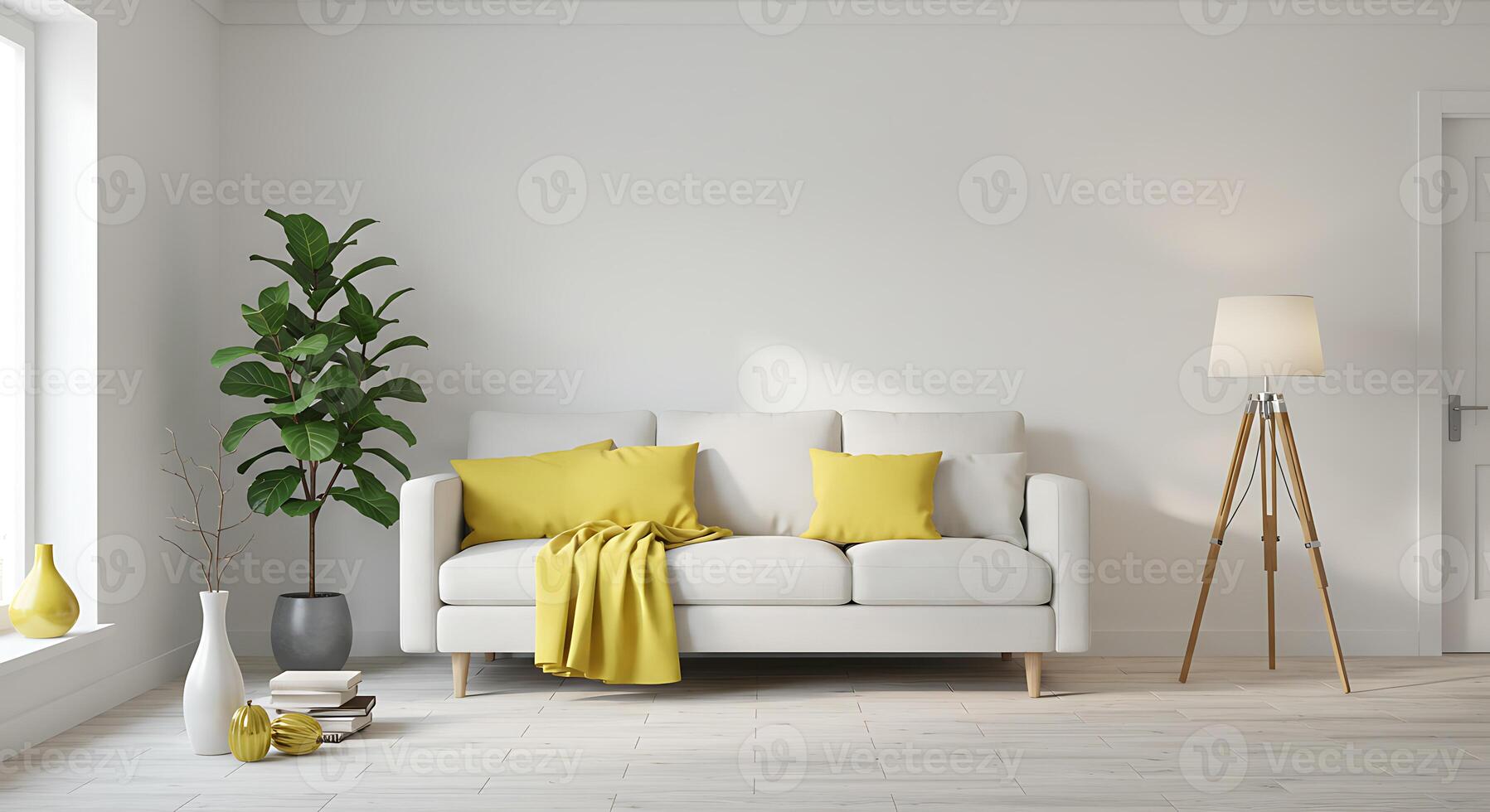 Serene Minimalist Living Room White Sofa Yellow Accents Natural Light photo