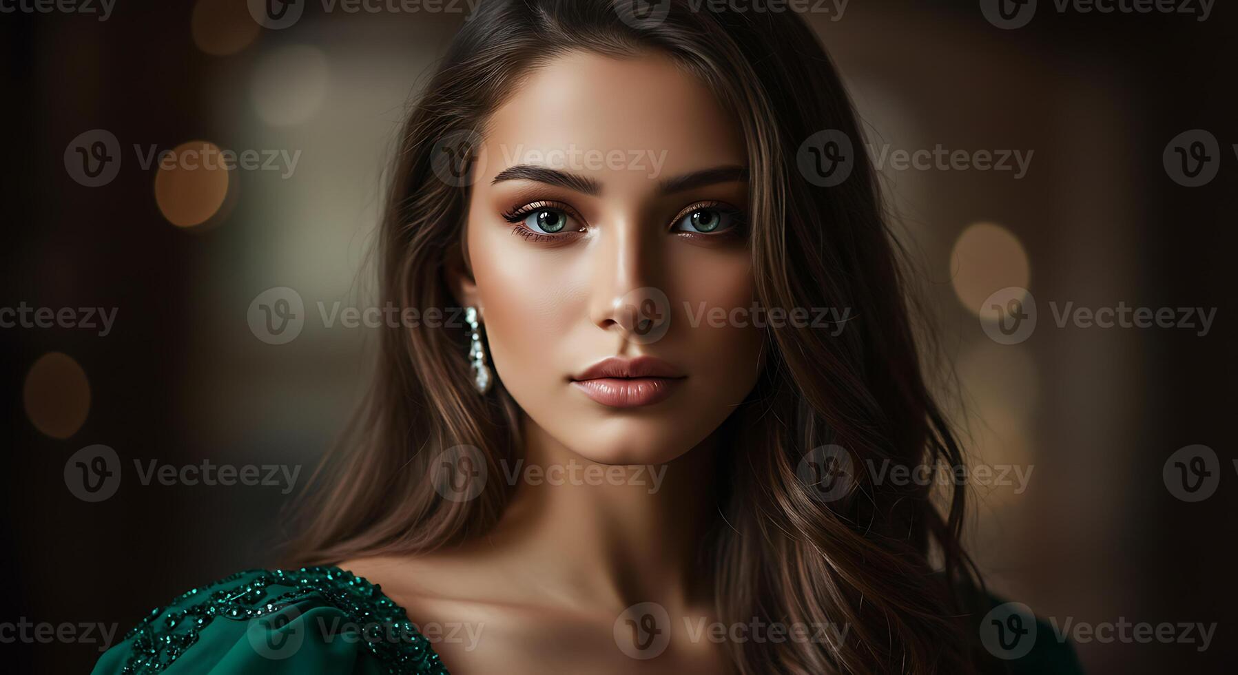 Elegant Woman in Emerald Gown A Portrait of Serene Beauty photo