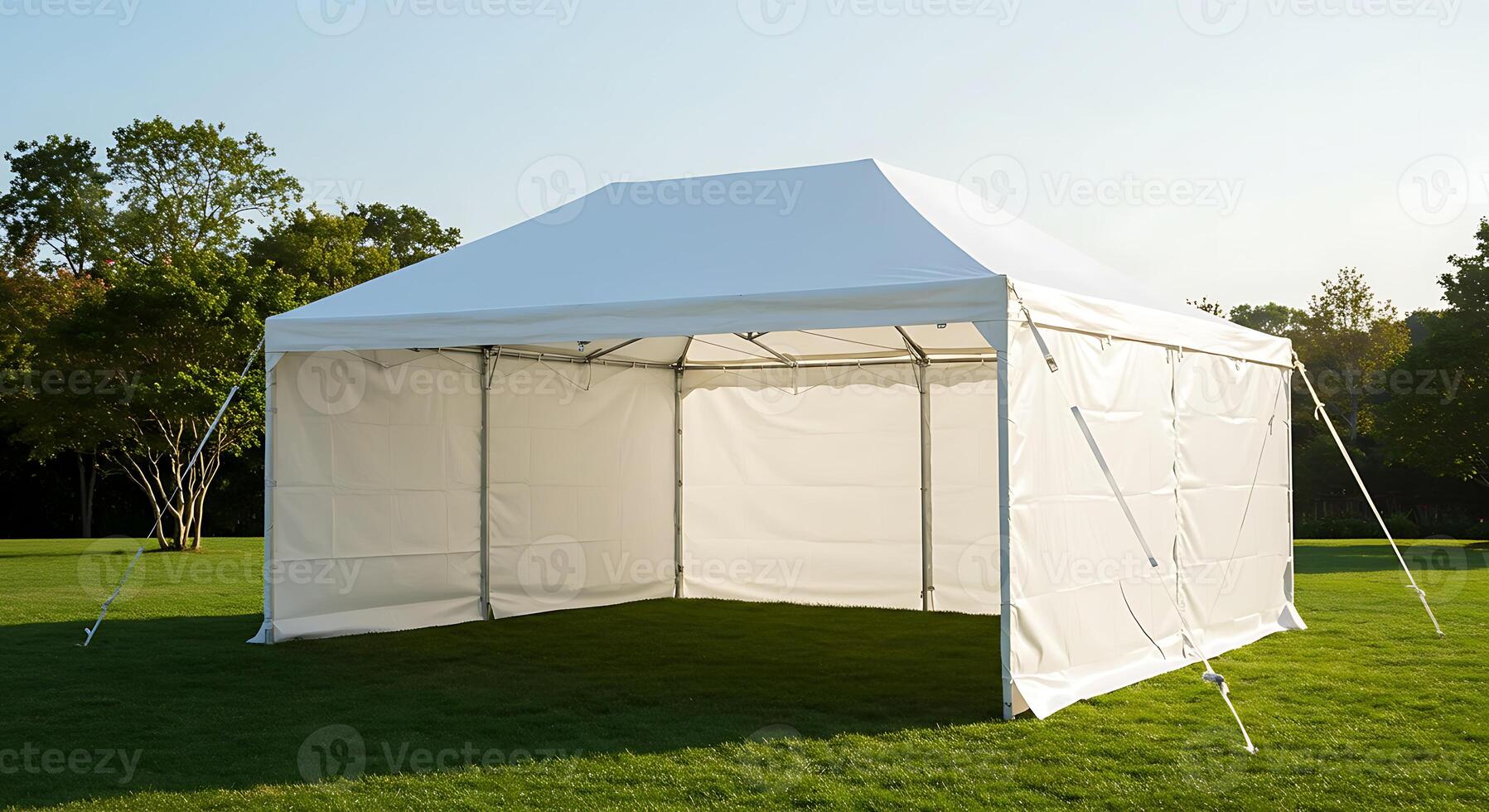 A tent on the grass with a white canopy photo