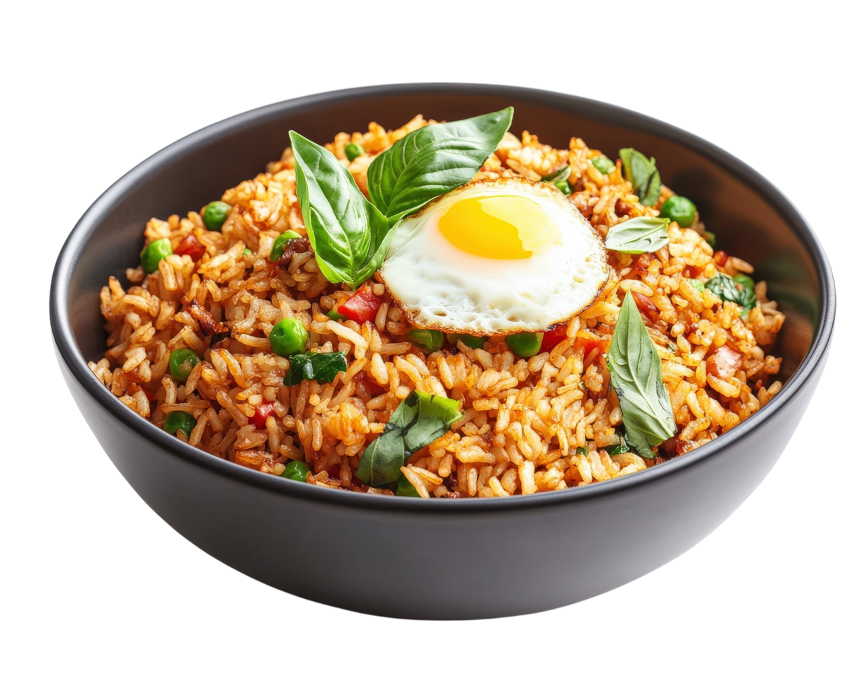 A bowl of rice with an egg on top png