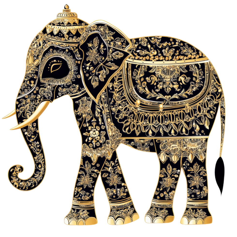 An elephant with gold and black patterns png