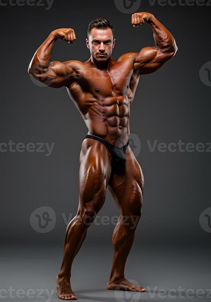 Muscular Bodybuilder Dramatic Studio Pose Defined Muscles Intense Gaze photo