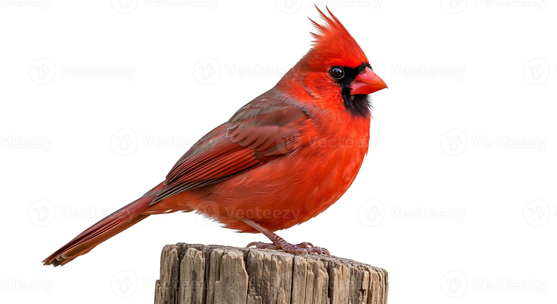 Vibrant Male Northern Cardinal Perched on Weathered Wood photo