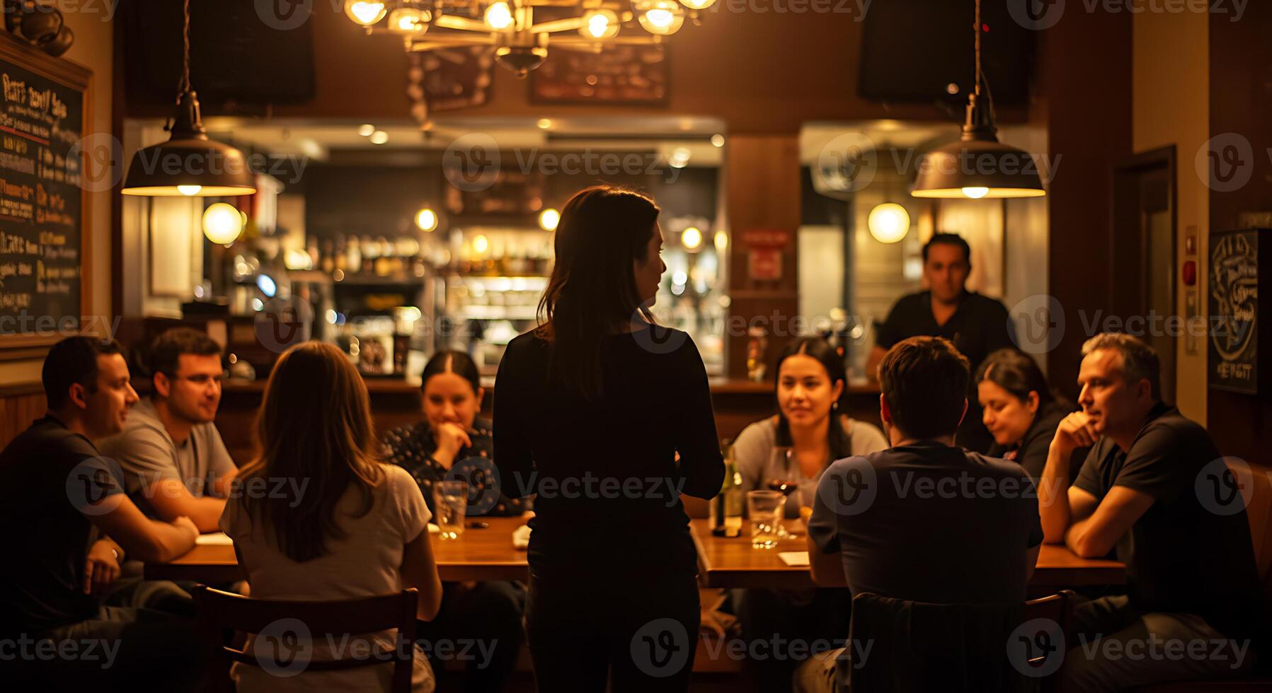 Warm Pub Gathering Intimate Conversation Illuminated by Golden Light photo
